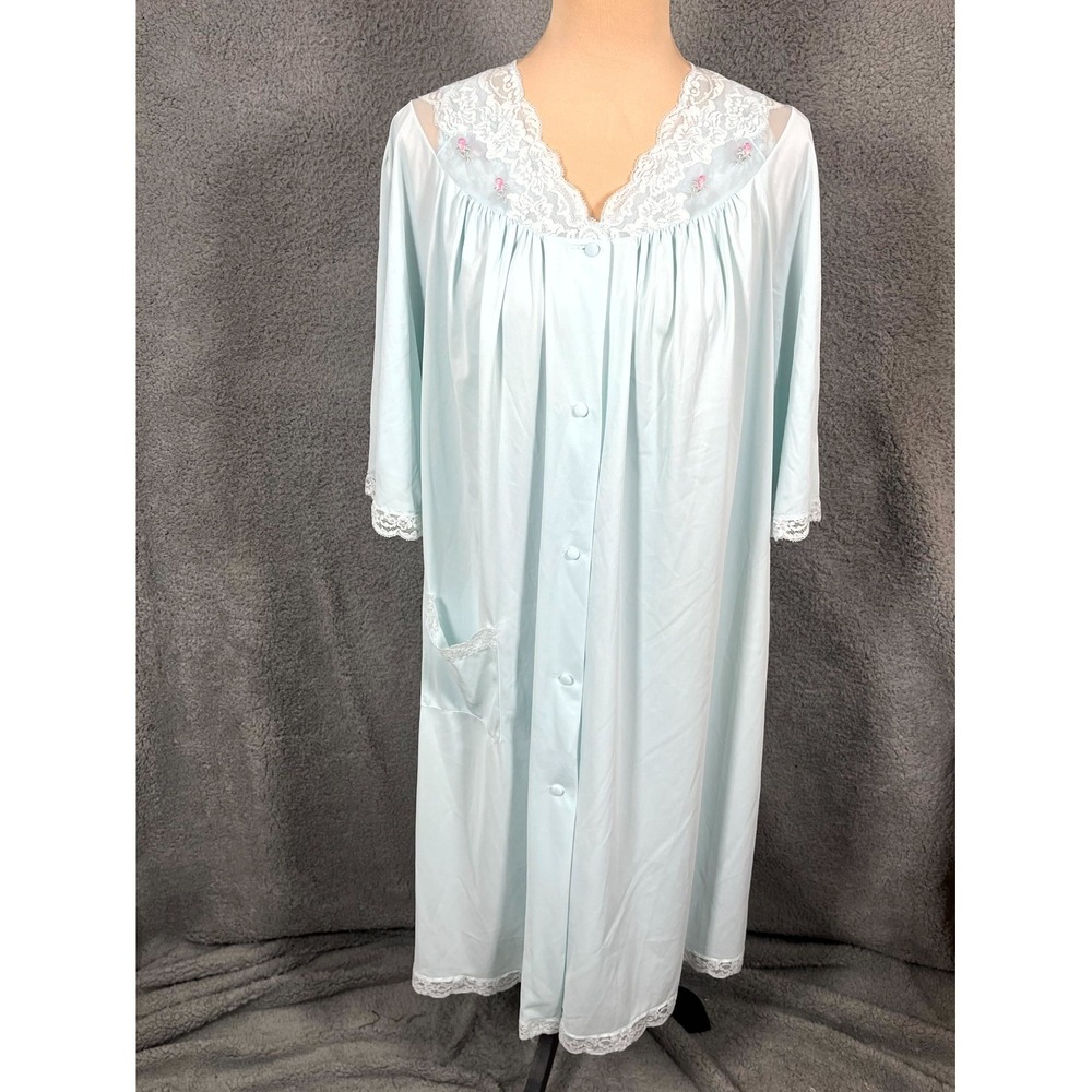 Vtg Shadowline Peignoir Nylon Nightgown and Robe Set Sz S Light Blue Lace Trim